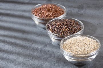 Seeds of white, red and black quinoa - Chenopodium quinoa