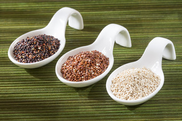 Seeds of white, red and black quinoa - Chenopodium quinoa