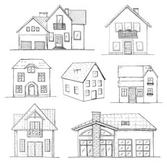 Hand drawn set of different houses. Vector illustration in a sketch style.