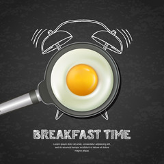 Vector realistic illustration of pan with fried egg and hand drawn alarm clock on black board slate background. Top view food on daark background. Creative design for breakfast menu, cafe, restaurant.