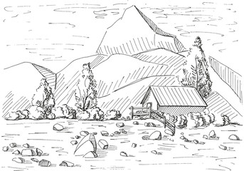Hand drawn mountain landscape. House on a background of mountains. Vector illustration of a sketch style