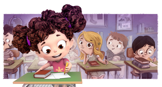 Ni&ntilde;os en el colegio haciendo los deberes