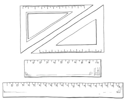 Hand drawn a set of rulers and triangles. Vector illustration of a sketch style
