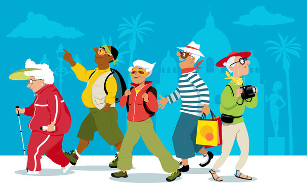 Group of active senior tourists exploring an exotic city, EPS 8 vector illustration