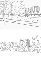 Park bike path and riding a bicycle graphic black white landscape line drawing