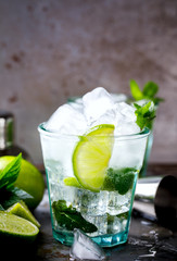 Mojito Cocktail.Mint, lime, ice ingredients for making  and bar utensils.Cold Drink.Top View.Copy space for Text.selective focus.