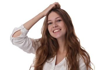 Portrait of happy smiling teenage girl student isolated od white backgroud