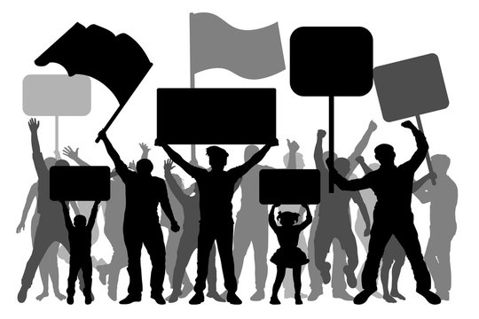 Manifestation, demonstration, protest, revolution, strike. A crowd of people with flags, banners. Isolated on white background, vector silhouette
