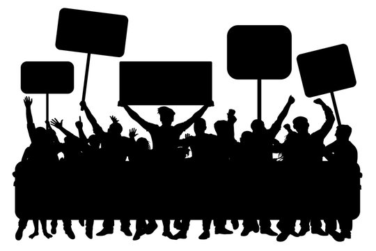 Crowd of people with banners, silhouette vector. Demonstration, manifestation, protest, strike, revolution