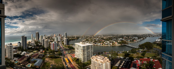 panoramic view of the Gold Coast looking south with a partial double rainbow