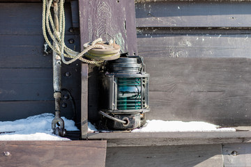 Ship signal lamp. Ship lighting on board a floating vessel in the port.