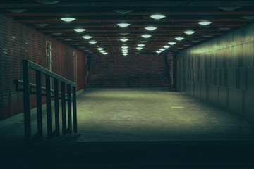 Obraz premium Central marketplace at night time. Isolated territory filled with trading stands and lighten by city lights. Spooky and abandoned atmosphere in urban market territory. 