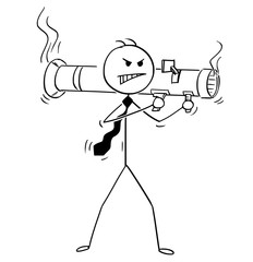 Cartoon stick man drawing conceptual illustration of angry businessman shooting from rocket launcher. Business concept of stress and anger.