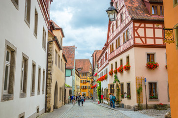 Beautiful streets in Rothenburg ob der Tauber with traditional German houses, Bavaria, Germany