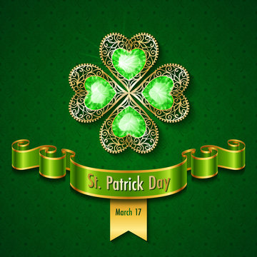 Jewelry shamrock on green ornate background. Saint Patricks day greeting card, invitation or poster template. Vector Illustration