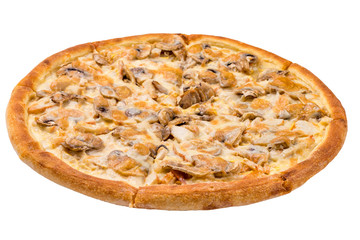 pizza with chicken and mushrooms isolate