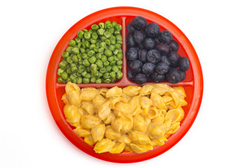 Child's Meal of Macoroni Shells and Cheese, Peas and Blueberries - A healthy and balanced meal