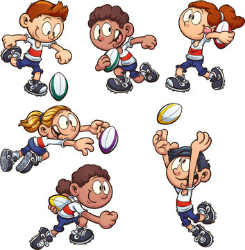 Cartoon kids playing rugby. Vector clip art illustration with simple gradients. Each on a separate layer.