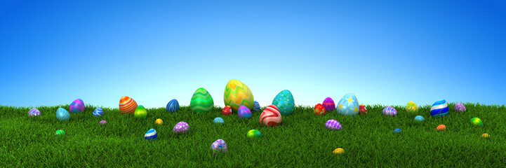 Colorful Easter eggs on green grass with blue sky - 3d render