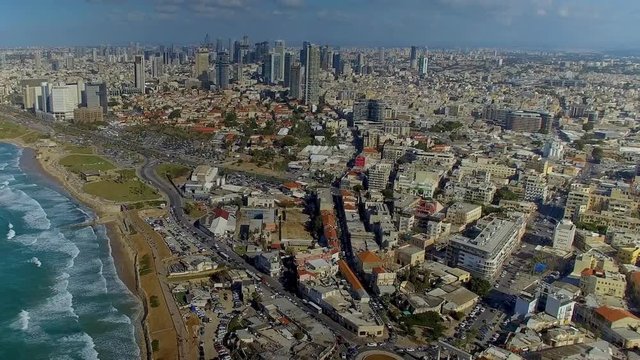 Aerial panning shot of Tel Aviv and Jaffa