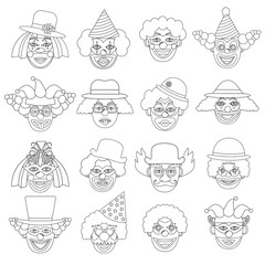 Clowns set, icons. Coloring page. Vector illustration.