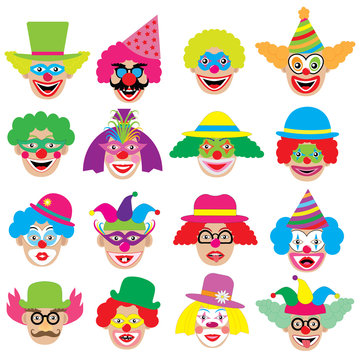 Clowns faces, icons, big set. Vector illustration.