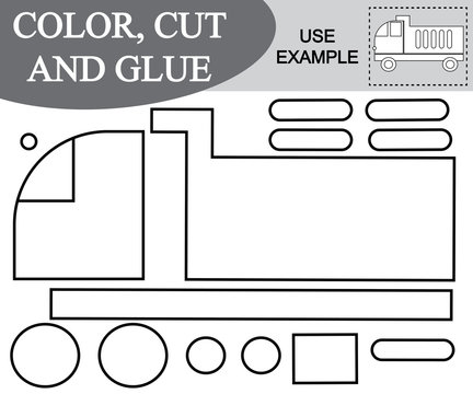Activity for children. Color, cut and glue image of dump truck. Kids game.