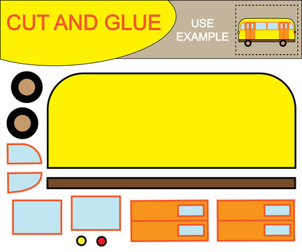 Create the image of bus using scissors and glue. Educational paper kids game. Vector illustration.