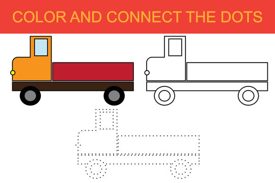 Coloring and connect the dots of image of truck (transport). Kids game. Vector illustration.