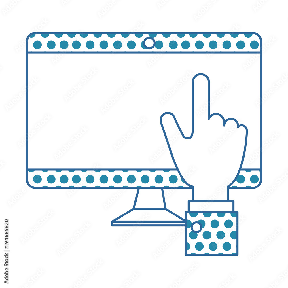 Poster computer display with hand touching vector illustration design