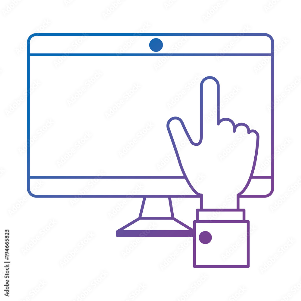 Aufkleber computer display with hand touching vector illustration design