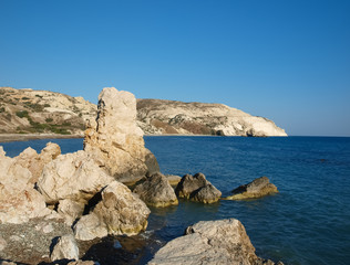 Fototapeta na wymiar Sea rock near the Goddess Aphrodite Birthplace, Aphrodite Beach and Petra tu Romiou, Cyprus