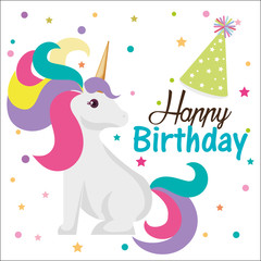 happy birthday card with unicorn character vector illustration design