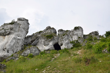 Cave entrance and rock formation in Krakow Czestochowa Upload. Polish Jurassic Highland. - obrazy, fototapety, plakaty