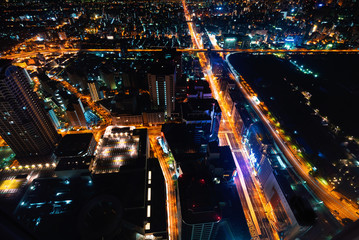Fototapeta na wymiar Aerial view of the Osaka cityscape at night