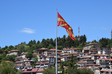 Macedonian flag with Ohrid town background. Ohrid, Macedonia