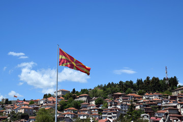 Macedonian flag with Ohrid town and Tsar Samuel fortress background. Ohrid, Macedonia