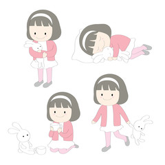Cartoon cute little girl and  little white rabbit  vector.