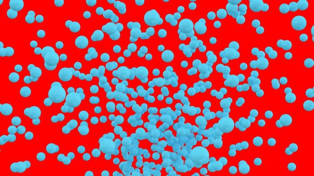 Animated a lot of cyan or light blue ping pong balls exploding and flying toward camera against red background.