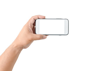 hand man hold mobile phone with white screen