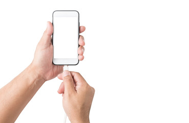 Hand holding smartphone and connect charger isolated on white background, clipping path and copy space