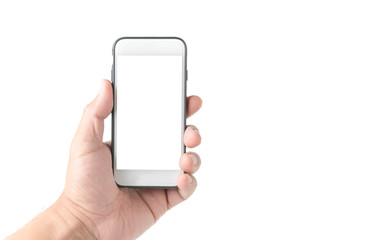 business hand man hold mobile phone with white screen