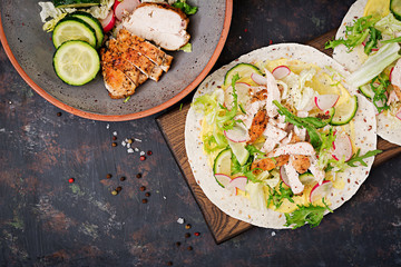 Healthy mexican tacos with baked chicken breast, cucumber, radish and lettuce. Flat lay. Top view