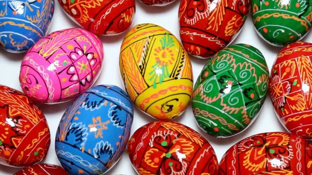 Assorted colorful easter eggs in group