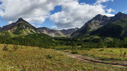 Scenery panoramic mountain landscape of Kamchatka Peninsula: early autumn Mountain Range Vachkazhets with forest slopes of hills, clouds in blue sky on sunny day. Russian Far East, Kamchatka Region.