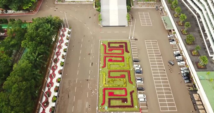 JAKARTA - Indonesia. February 28, 2018: Beautiful aerial shot of DPR/MPR building in Jakarta. The building is the National Parliament building of Indonesia. Shot in 4k resolution