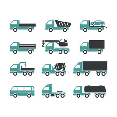 Set of Two Color Icons of Trucks on a White Background. Trucks of Different Function. 