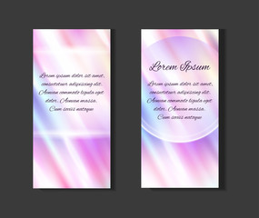Set of posters with holographic foil background and  with diagonal glare. Blurred spectrum. Vector rainbow template for your ads, flyers and design.