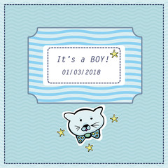 Vector baby shower greeting card. Text It's a  boy. Little cute kitten. Stickers.