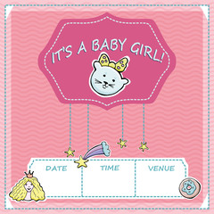 Vector baby shower greeting card. Text It's a baby girl. Little cute kitten, princess, rainbow, comet, stars. Stickers.